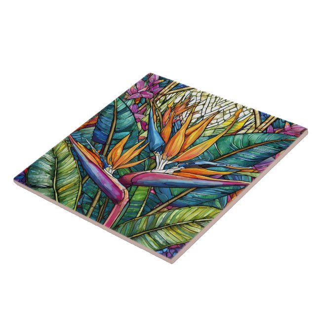 Stained glass style Bird of paradise art Tile (Side)
