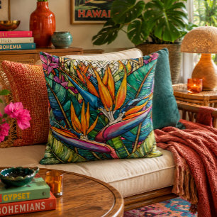 Stained glass style bird of paradise cushion