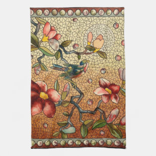 Stained glass style bird on a flowering tree tea towel