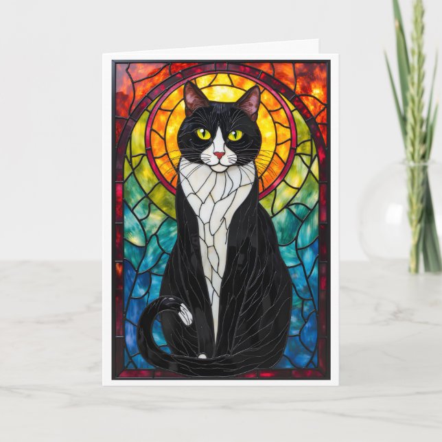 Stained Glass Style Black and White Tuxedo Cat Card (Front)