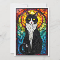 Stained Glass Style Black White Tuxedo Cat Flat
