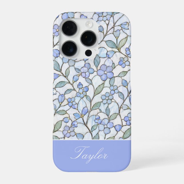 Stained Glass Style Blue Floral Personalised Name iPhone Case (Back)