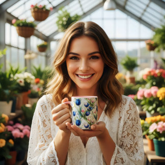stained glass style blue roses floral coffee mug