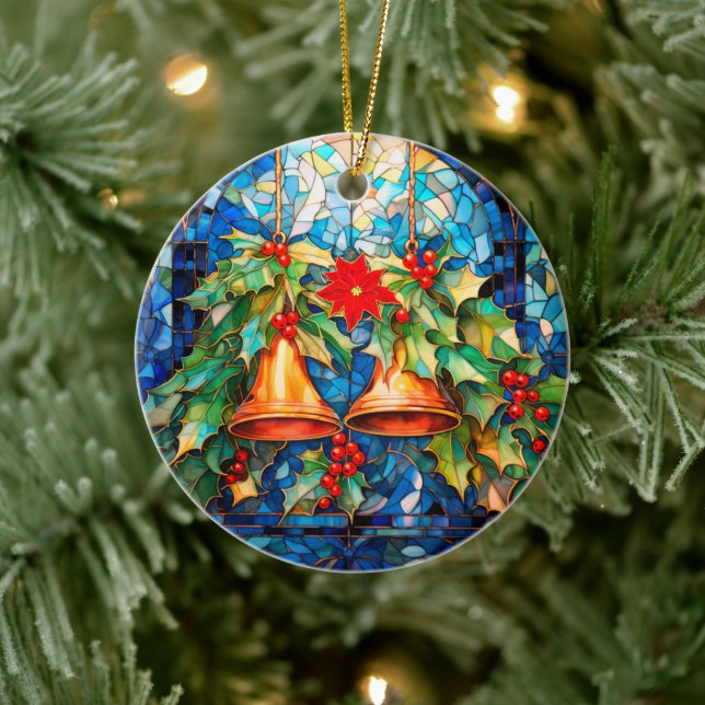 Stained Glass Style Christmas Bells and Poinsettia Ceramic Tree Decoration (Tree)