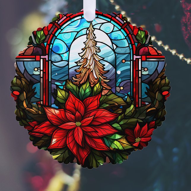 Stained Glass Style Christmas Tree and Poinsettia Tree Decoration Card (Creator Uploaded)