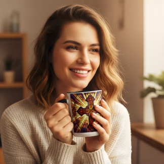 Stained glass style Cross Jesus is king coffee Mug