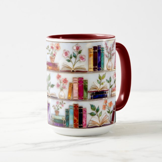 Stained Glass Style Floral Bookshelf Mug (Front Right)