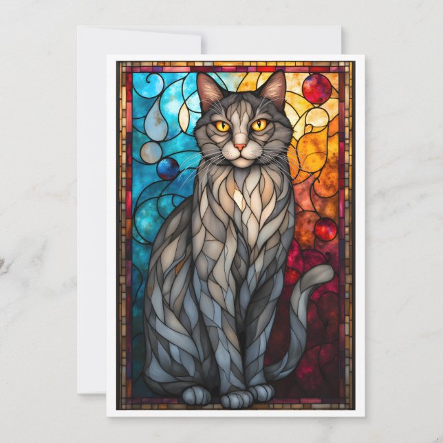 Stained Glass Style Gray Cat Card (Front)