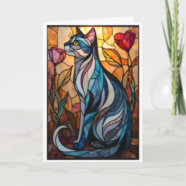 Stained Glass Style Gray Cat with Flowers Card (Front)