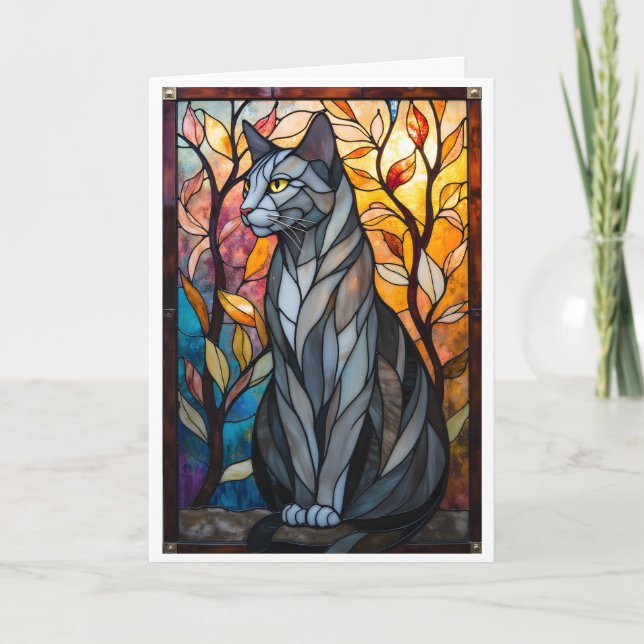 Stained Glass Style Gray Cat with Leaves Card (Front)