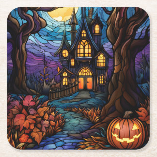 Stained Glass style haunted house Square Paper Coaster