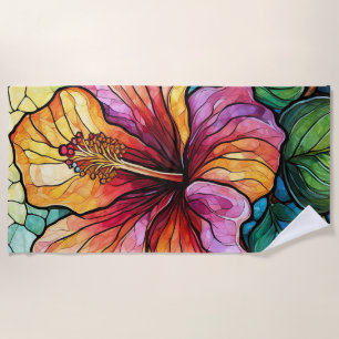 Stained glass style hibiscus beach towel