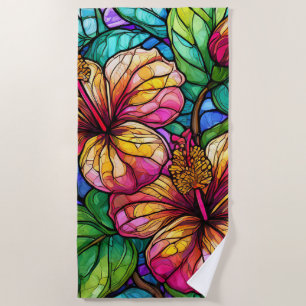 Stained glass style hibiscus beach towel