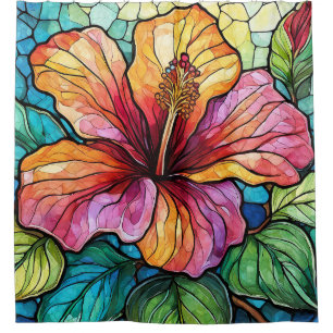 Stained glass style hibiscus shower curtain
