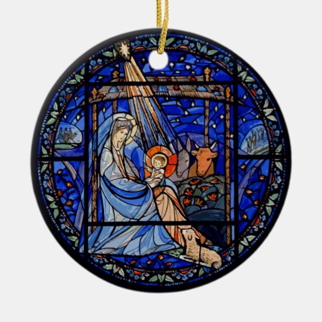 Stained Glass Style Nativity in Blue Ceramic Tree Decoration (Front)