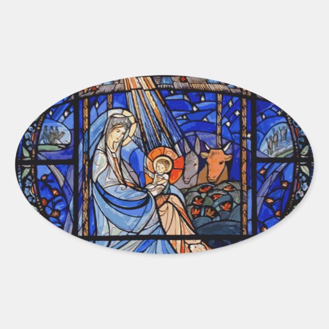 Stained Glass Style Nativity Oval Sticker (Front)
