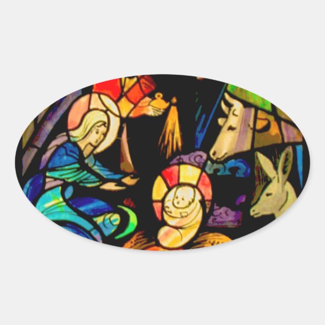 Stained Glass Style Nativity Oval Sticker (Front)