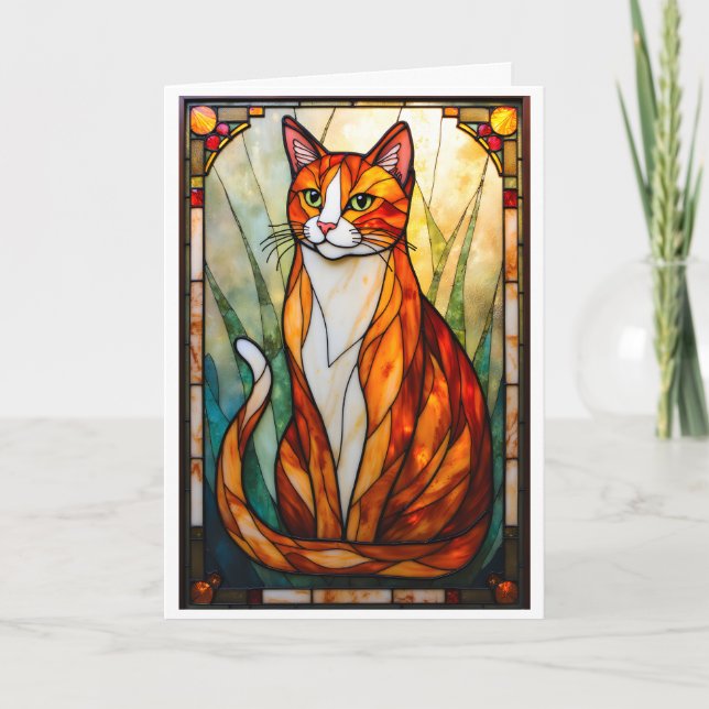 Stained Glass Style Orange Cat Green Eyes Card (Front)