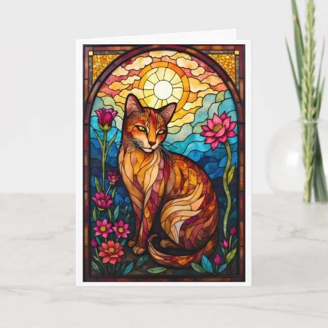 Stained Glass Style Orange Kitty with Pink Flowers Card (Front)