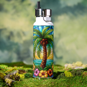 Stained Glass Style Palm Tree and Hibiscus Water Bottle