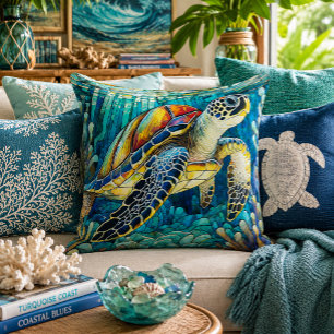 Stained glass style sea turtle honu cushion