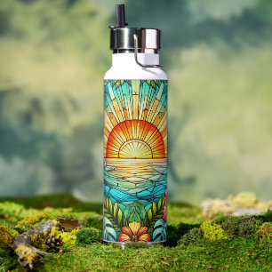 Stained Glass Style Sunshine and Hibiscus Tropical Water Bottle