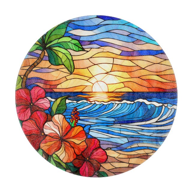 Stained glass style tropical sunset on beach art cutting board (Front)