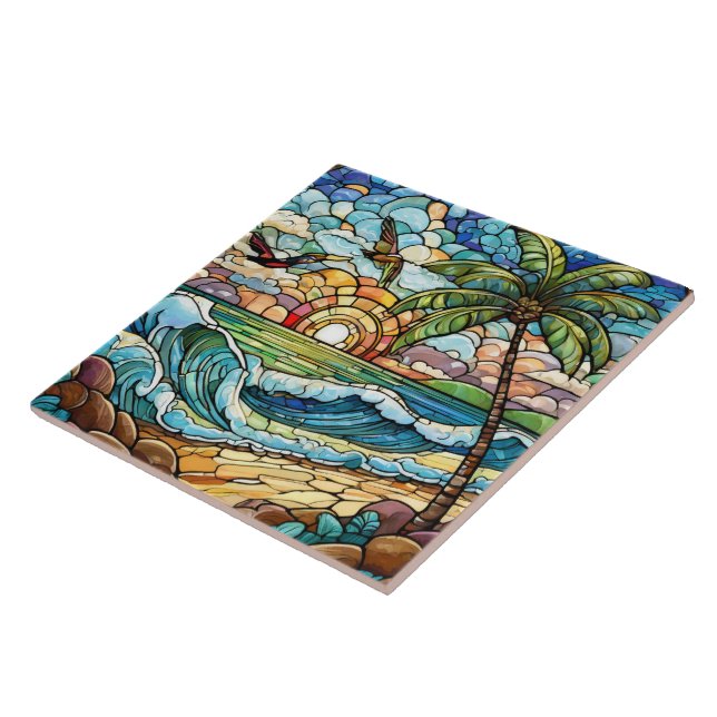 Stained glass style tropical sunset on beach art tile (Side)