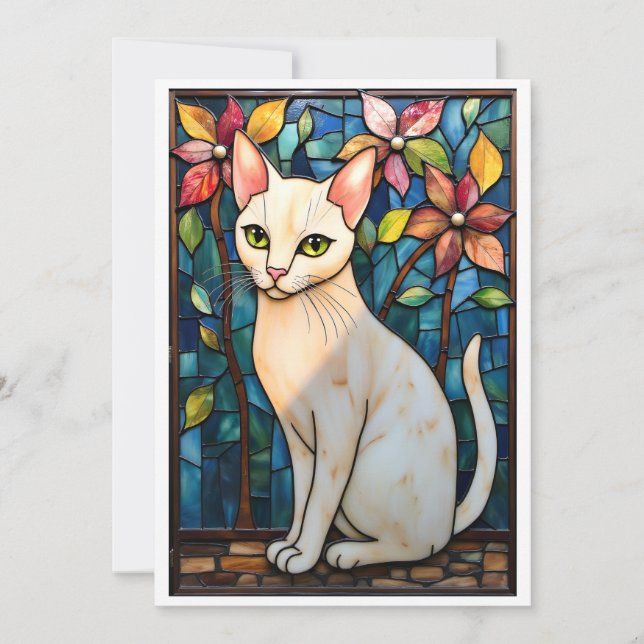 Stained Glass Style White Cat with Flowers Flat Card (Front)