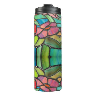 Stained Glass Style with Pink Flowers Thermal Tumbler
