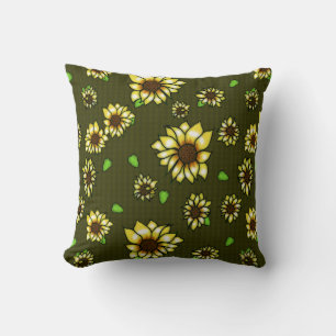 Stained Glass Sunflowers on Olive Gingham Cushion