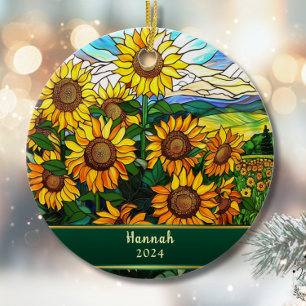 Stained Glass Sunflowers Personalized Ceramic Tree Decoration