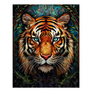 Stained Glass Tiger Blue Eyes Art Poster