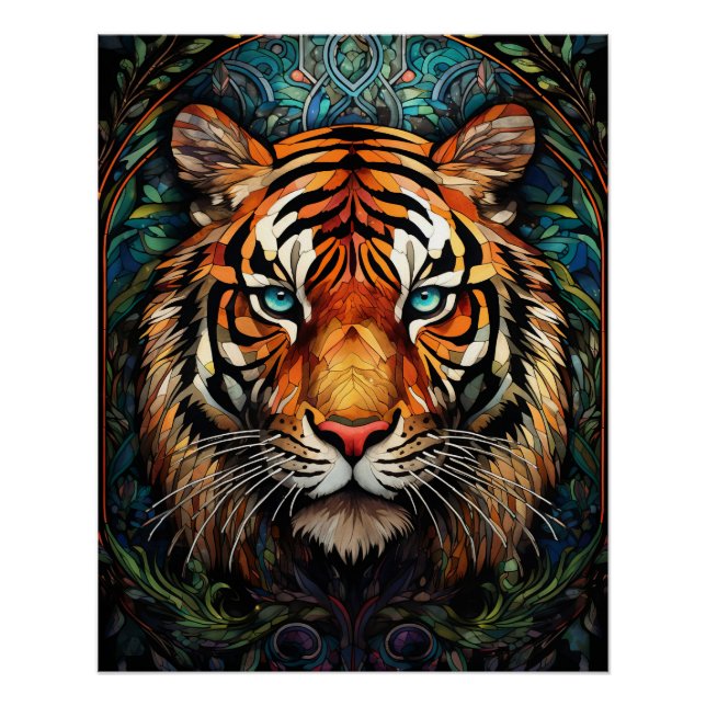 Stained Glass Tiger Blue Eyes Art Poster (Front)