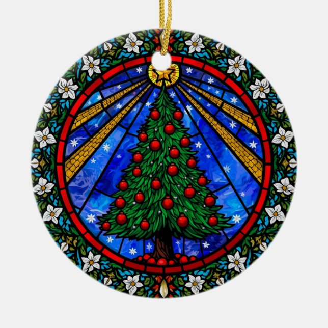 Stained Glass Tree & Floral Border Ceramic Tree Decoration (Front)