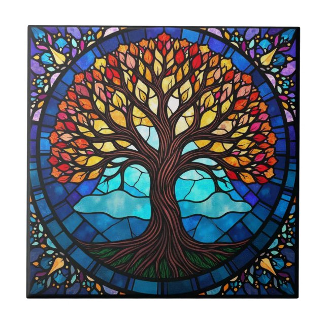 Stained Glass Tree of Life  Ceramic Tile (Front)