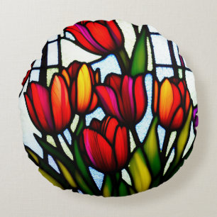 Stained Glass Tulips, Round Cushion