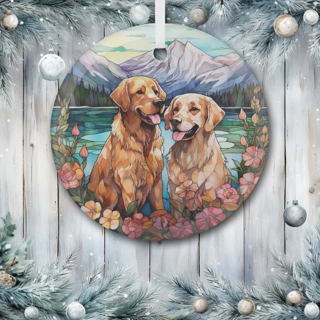 Stained Glass Two Golden Retriever Dogs Glass Tree Decoration (Creator Uploaded)