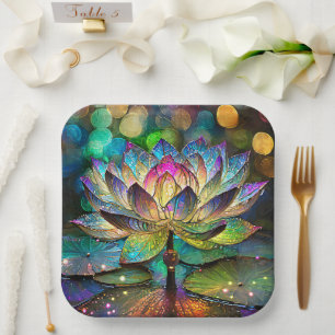 Stained Glass Vibrant Lotus Flower Paper Plate