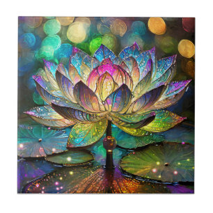Stained Glass Vibrant Lotus Flower Tile