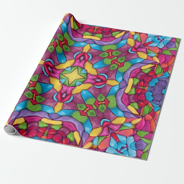 Stained Glass Vintage Purple Kaleidoscope Wrapping Paper (Unrolled)