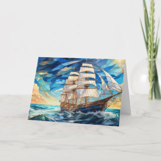 Stained Glass Vintage Sail Boat in the Ocean  Card