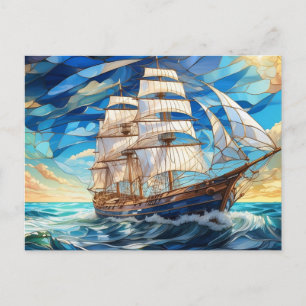 Stained Glass Vintage Sail Boat in the Ocean  Postcard