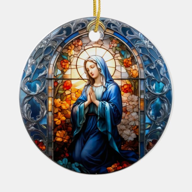Stained Glass Virgin Mary Ceramic Tree Decoration (Front)