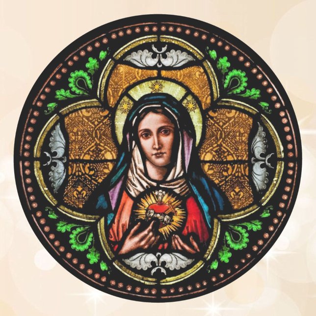 Stained Glass Virgin Mary Heart Envelope Classic Round Sticker (Creator Uploaded)