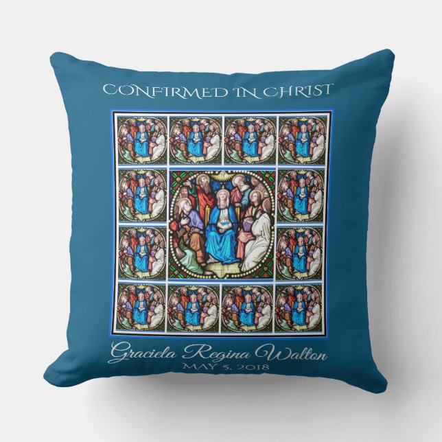 Stained Glass Virgin Mary Holy Spirit Apostles Cushion (Front)
