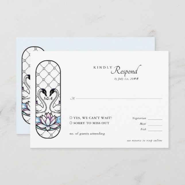 Stained Glass Whimsical Swans Water Lilies Wedding RSVP Card (Front/Back)