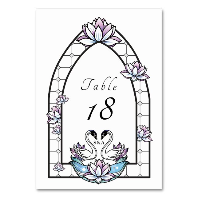 Stained Glass Whimsical Swans Water Lilies Wedding Table Number (Front)