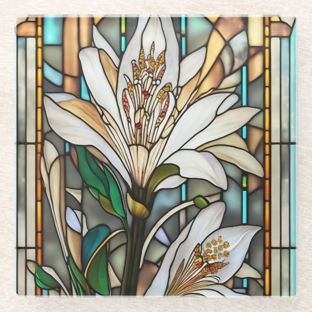 Stained Glass White Lily Illustration Coaster (Front)