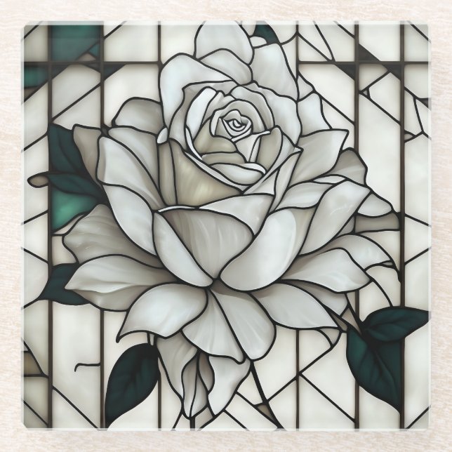 Stained Glass White Rose Coaster (Front)